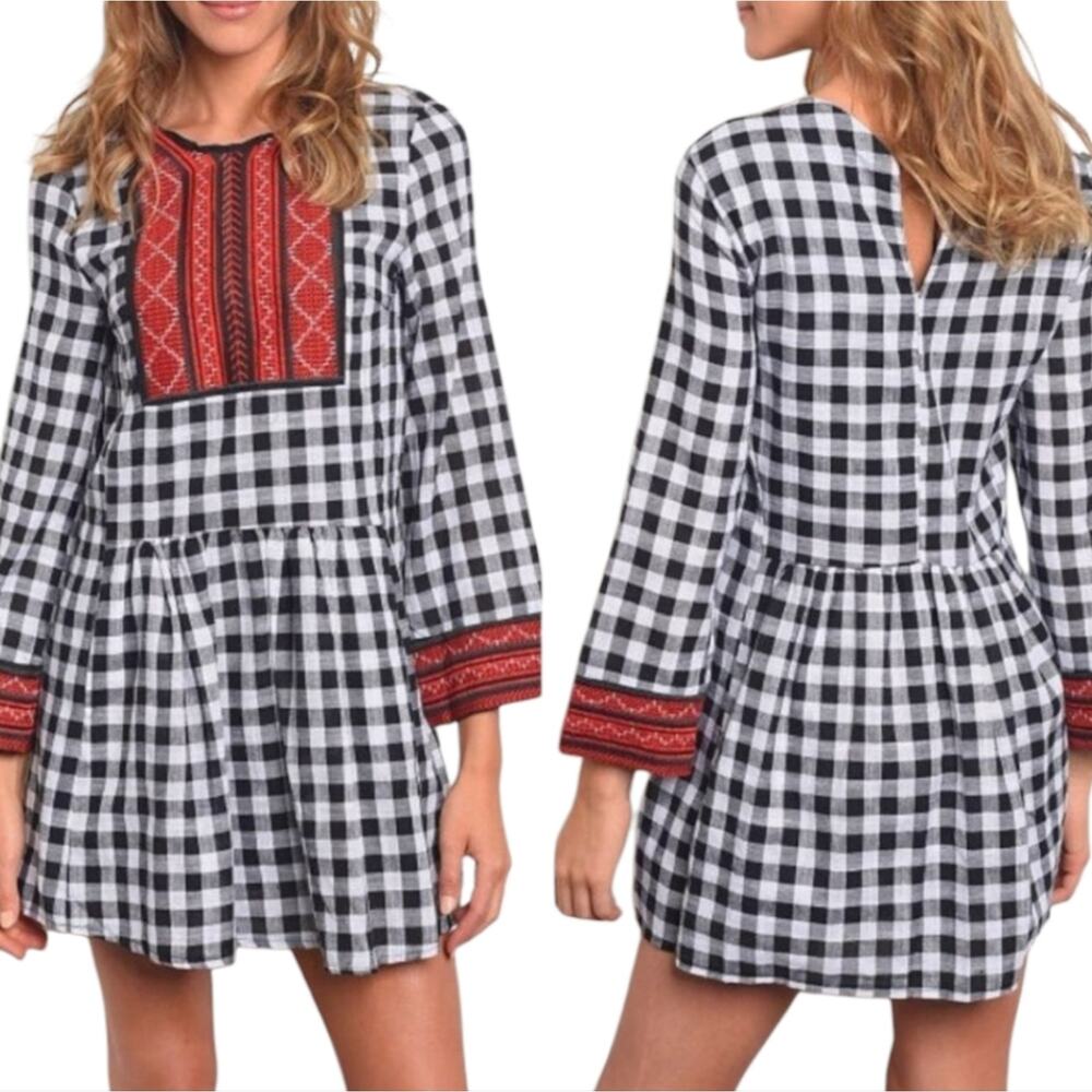 Nylon Black and White Checkered Dress with Red‎ Embroidery Size Small New
